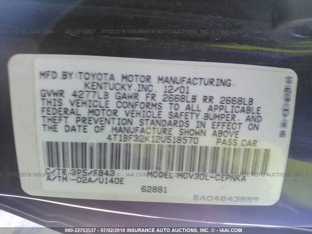 4T1BF32K12U518570 - 2002 TOYOTA CAMRY LE/XLE/SE Tünd qırmızı foto 9