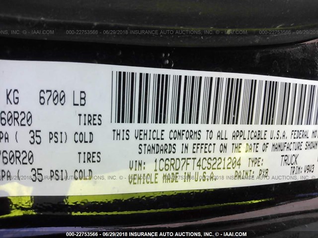 1C6RD7FT4CS221204 - 2012 DODGE RAM 1500 ST BLACK photo 9