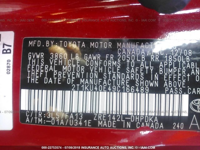 2T1KU40E49C166489 - 2009 TOYOTA COROLLA MATRIX  RED photo 9