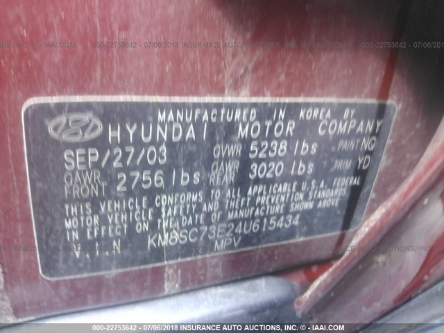 KM8SC73E24U615434 - 2004 HYUNDAI SANTA FE GLS/LX RED photo 9