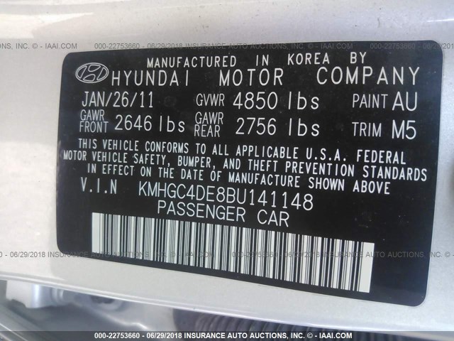 KMHGC4DE8BU141148 - 2011 HYUNDAI GENESIS 3.8L SILVER photo 9