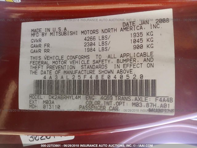 4A3AL25F48E040520 - 2008 MITSUBISHI ECLIPSE SPYDER GS 橙色 照片 9