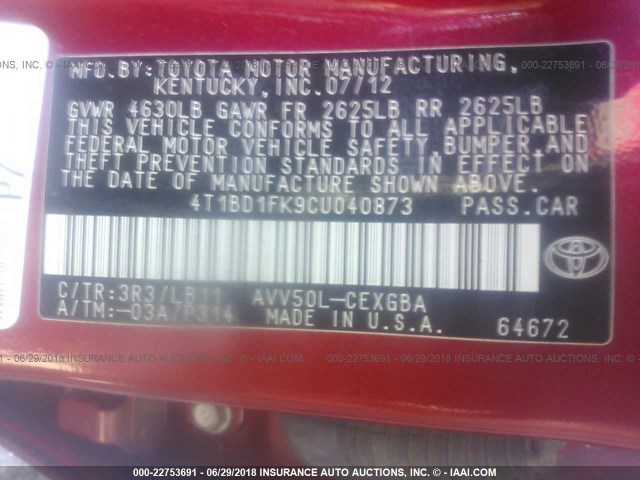 4T1BD1FK9CU040873 - 2012 TOYOTA CAMRY HYBRID/LE/XLE 红色 照片 9