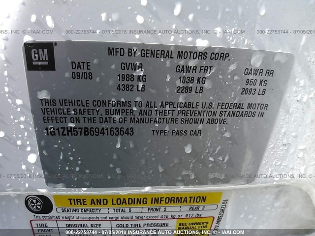 1G1ZH57B694163643 - 2009 CHEVROLET MALIBU 1LT WHITE photo 9