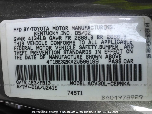 4T1BE32KX2U596199 - 2002 TOYOTA CAMRY LE/XLE/SE 灰色 照片 9