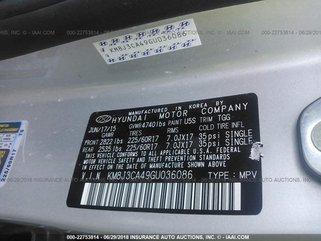 KM8J3CA49GU036086 - 2016 HYUNDAI TUCSON LIMITED/SPORT AND ECO/SE SILVER photo 9