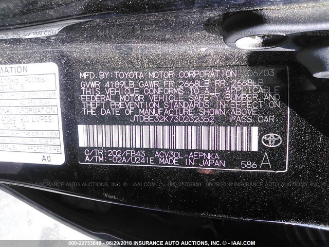 JTDBE32K730232352 - 2003 TOYOTA CAMRY LE/XLE BLACK photo 9