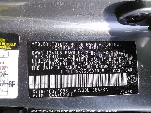 4T1BE32K95U991009 - 2005 TOYOTA CAMRY LE/XLE/SE 灰色 照片 9