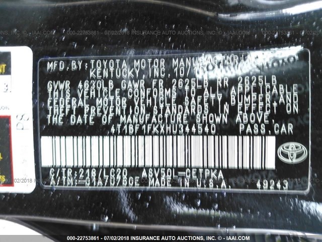 4T1BF1FKXHU344540 - 2017 TOYOTA CAMRY LE/XLE/SE/XSE 黑色 照片 9