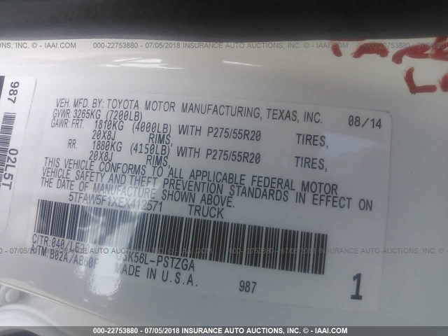 5TFAW5F1XEX412571 - 2014 TOYOTA TUNDRA CREWMAX PLATINUM Blanc photo 9