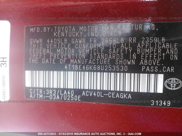 4T1BE46K68U253530 - 2008 TOYOTA CAMRY CE/LE/XLE/SE RED photo 9