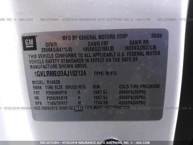 1GKLRMED3AJ102124 - 2010 GMC ACADIA SLT-1 Biały zdjęcie 9