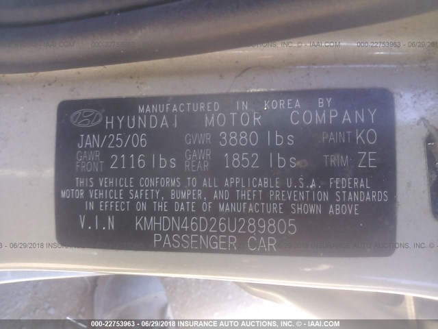 KMHDN46D26U289805 - 2006 HYUNDAI ELANTRA GLS/GT/LIMITED GOLD photo 9