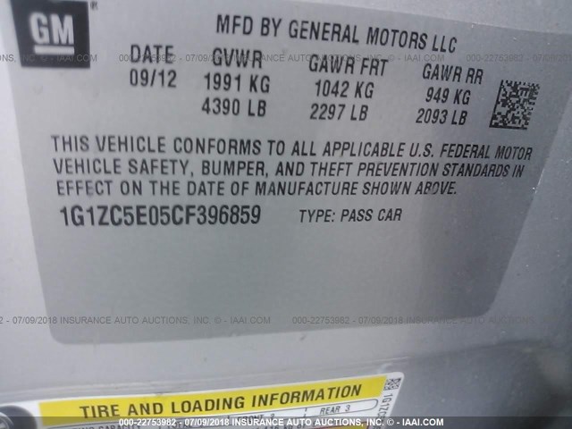 1G1ZC5E05CF396859 - 2012 CHEVROLET MALIBU 1LT SILVER photo 9