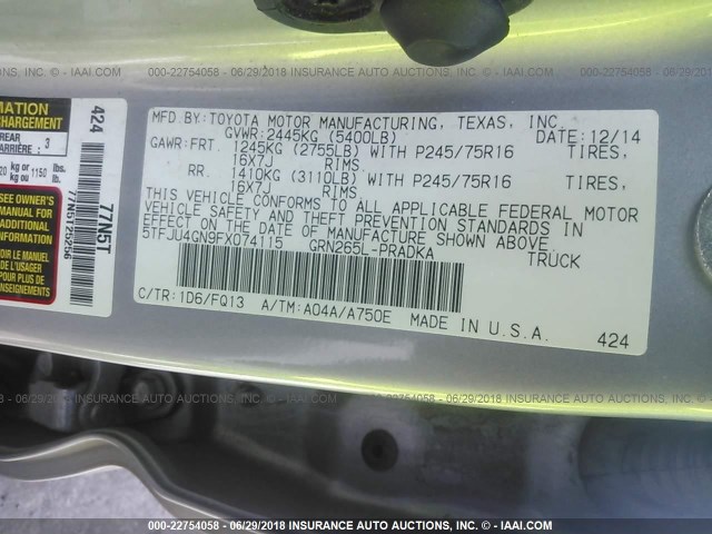 5TFJU4GN9FX074115 - 2015 TOYOTA TACOMA DOUBLE CAB PRERUNNER SILVER photo 9