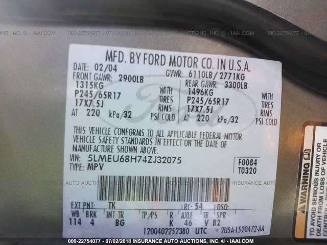 5LMEU68H74ZJ32075 - 2004 LINCOLN AVIATOR 香槟色 照片 9