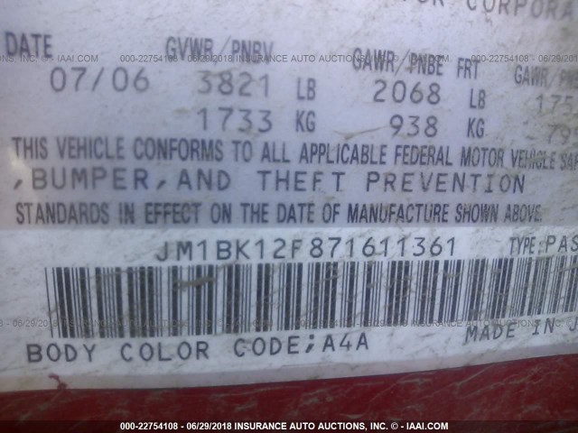 JM1BK12F871611361 - 2007 MAZDA 3 I RED photo 9