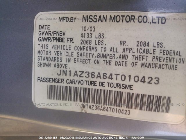 JN1AZ36A64T010423 - 2004 NISSAN 350Z ROADSTER GRAY photo 9