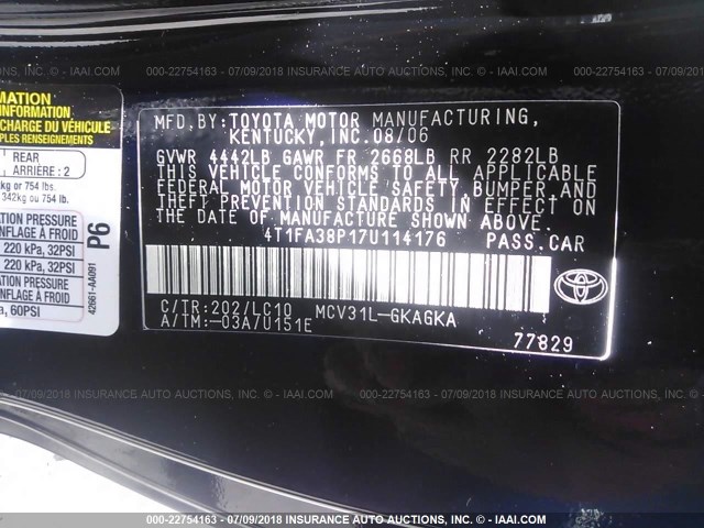 4T1FA38P17U114176 - 2007 TOYOTA CAMRY SOLARA SE/SLE 黑色 照片 9