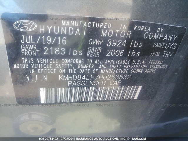 KMHD84LF7HU263832 - 2017 HYUNDAI ELANTRA SE/VALUE/LIMITED GRAY photo 9