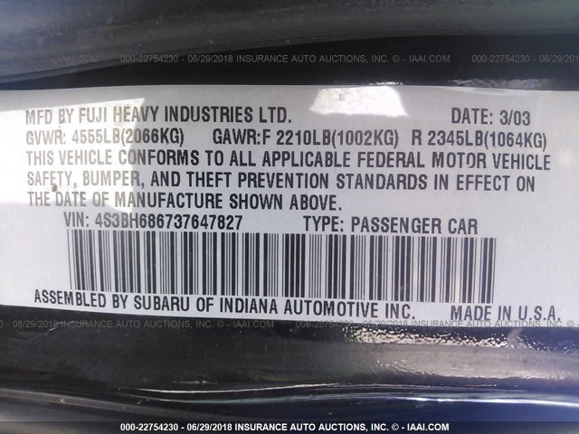 4S3BH686737647827 - 2003 SUBARU LEGACY OUTBACK LIMITED BLACK photo 9