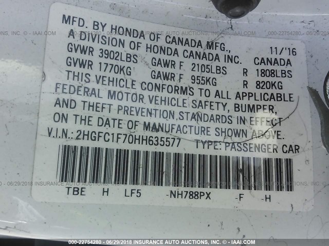 2HGFC1F70HH635577 - 2017 HONDA CIVIC EXL 白色 照片 9