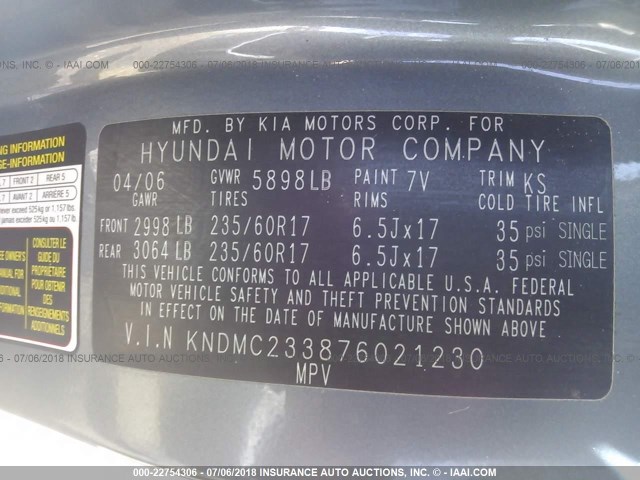 KNDMC233876021230 - 2007 HYUNDAI ENTOURAGE GLS/SE/LIMITED BLUE photo 9