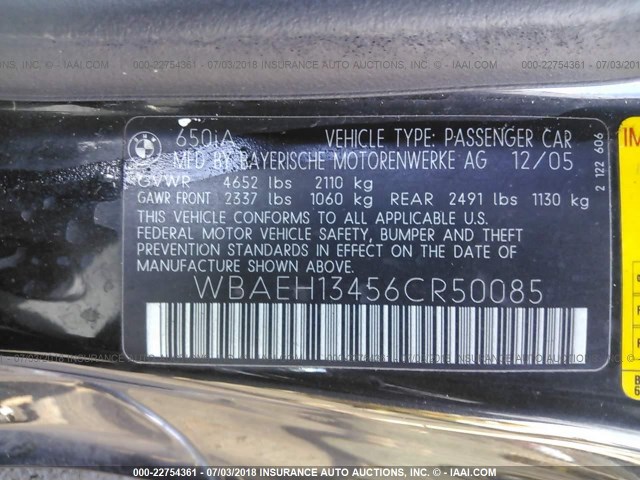 WBAEH13456CR50085 - 2006 BMW 650 I BLACK photo 9
