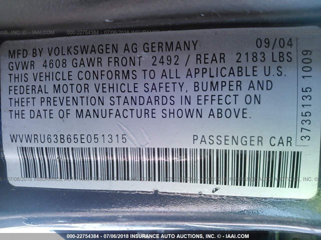 WVWRU63B65E051315 - 2005 VOLKSWAGEN PASSAT GLX 蓝色 照片 9