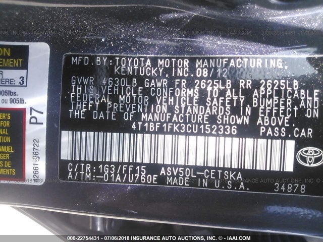 4T1BF1FK3CU152336 - 2012 TOYOTA CAMRY SE/LE/XLE GRAY photo 9