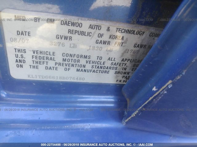 KL1TD66618B076480 - 2008 CHEVROLET AVEO LS BLUE photo 9