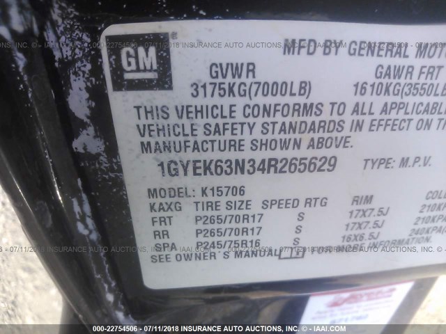 1GYEK63N34R265629 - 2004 CADILLAC ESCALADE LUXURY შავი ფოტო 9