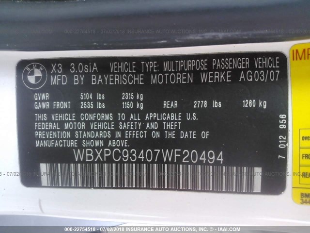 WBXPC93407WF20494 - 2007 BMW X3 3.0SI WHITE photo 9
