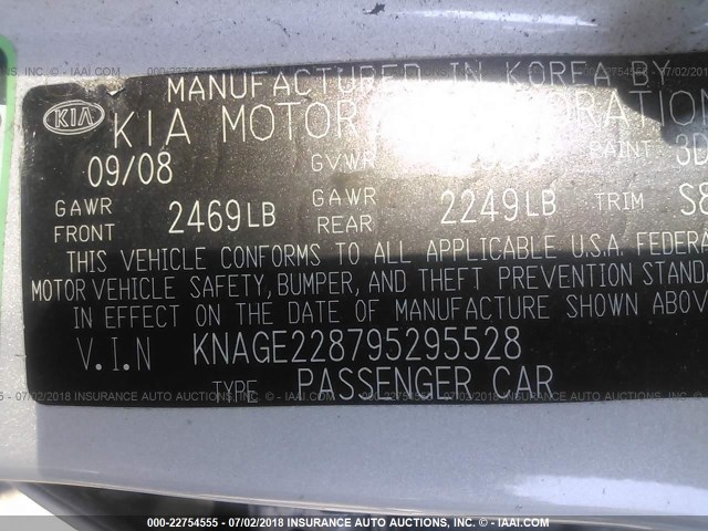 KNAGE228795295528 - 2009 KIA OPTIMA LX/EX SILVER photo 9