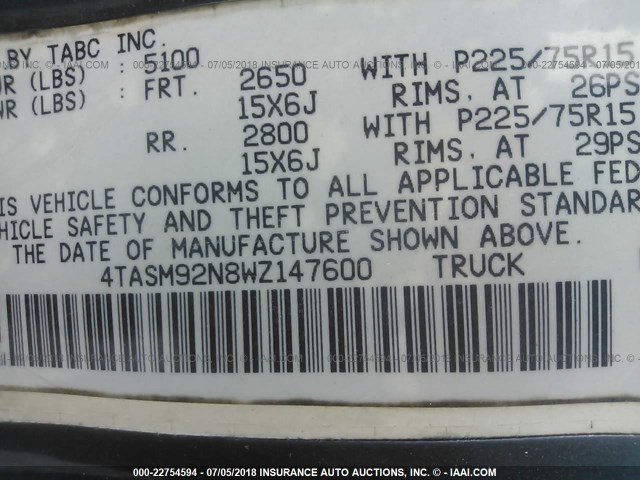 4TASM92N8WZ147600 - 1998 TOYOTA TACOMA XTRACAB PRERUNNER მწვანე ფოტო 9