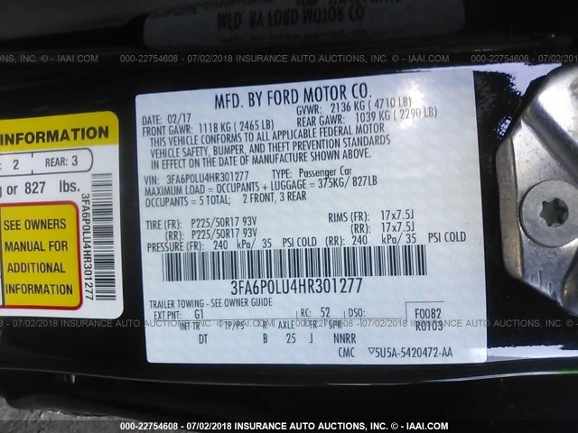 3FA6P0LU4HR301277 - 2017 FORD FUSION SE HYBRID BLACK photo 9