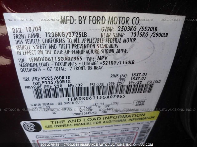 1FMDK06115GA07965 - 2005 FORD FREESTYLE LIMITED RED photo 9