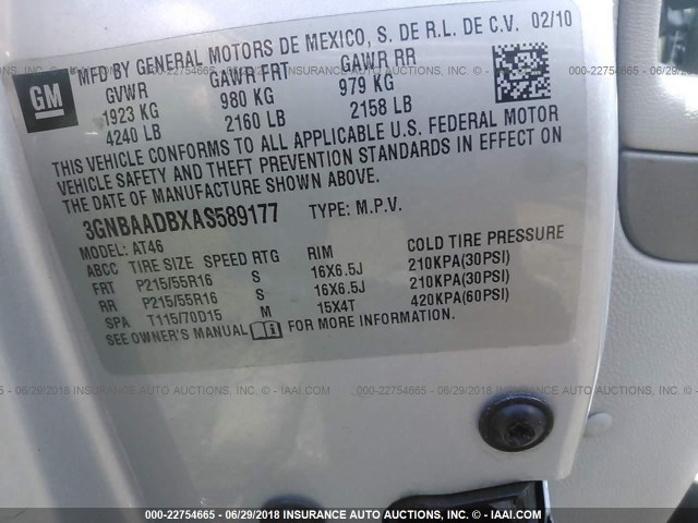 3GNBAADBXAS589177 - 2010 CHEVROLET HHR LS SILVER photo 9