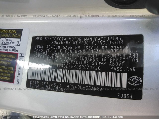 4T4BE46K09R071720 - 2009 TOYOTA CAMRY SE/LE/XLE SILVER photo 9