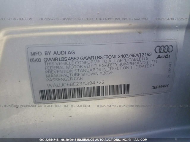 WAUJC68E23A394322 - 2003 AUDI A4 1.8T SILVER photo 9