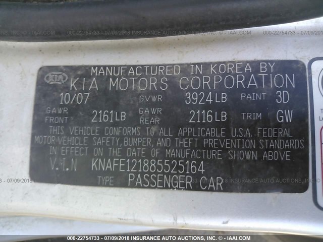 KNAFE121885525164 - 2008 KIA SPECTRA EX/LX/SX SILVER photo 9