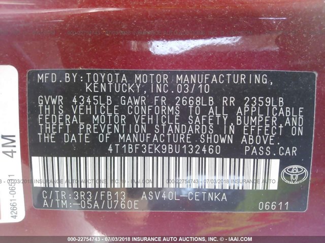4T1BF3EK9BU132460 - 2011 TOYOTA CAMRY SE/LE/XLE RED photo 9