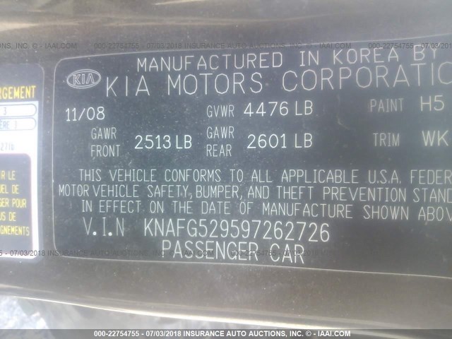 KNAFG529597262726 - 2009 KIA RONDO LX/EX BROWN photo 9