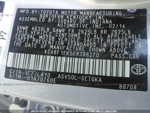 4T4BF1FK5ER388270 - 2014 TOYOTA CAMRY L/SE/LE/XLE SILVER photo 9