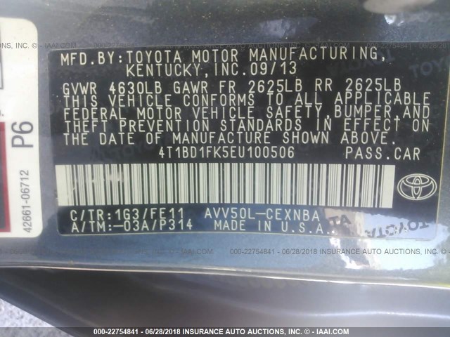 4T1BD1FK5EU100506 - 2014 TOYOTA CAMRY HYBRID/LE/XLE 灰色 照片 9