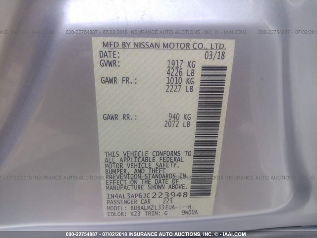 1N4AL3AP6JC223948 - 2018 NISSAN ALTIMA 2.5/S/SV/SL/SR SILVER photo 9