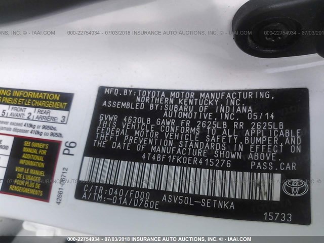 4T4BF1FK0ER415276 - 2014 TOYOTA CAMRY L/SE/LE/XLE 白色 照片 9