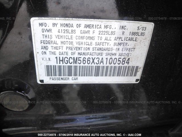 1HGCM566X3A100584 - 2003 HONDA ACCORD EX 黑色 照片 9