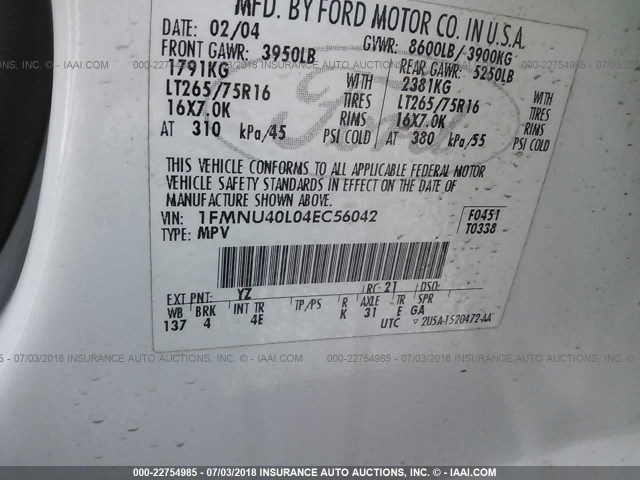 1FMNU40L04EC56042 - 2004 FORD EXCURSION XLT WHITE photo 9