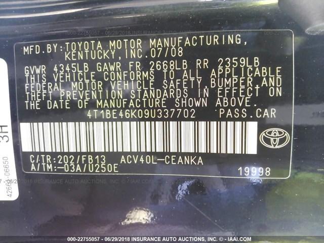 4T1BE46K09U337702 - 2009 TOYOTA CAMRY SE/LE/XLE 黑色 照片 9